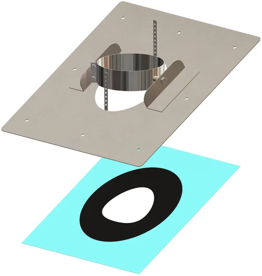 Dachflansch mit runder Öffnung, gefertigt aus Metall mit Anschlussband. Unterlagen in Blau zur Positionierung. ATEC-Produkt für die Dacheindeckung.