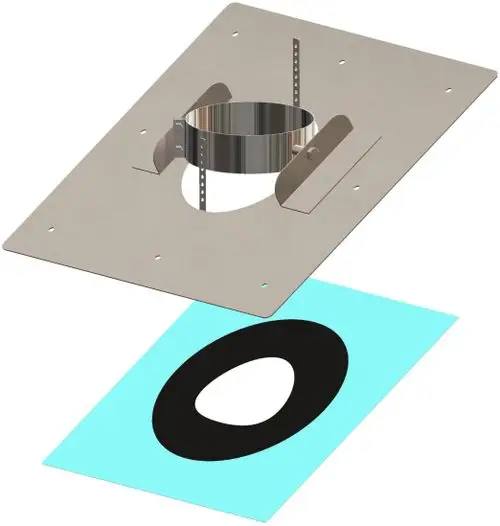 Dachflansch mit runder Öffnung, gefertigt aus Metall mit Anschlussband. Unterlagen in Blau zur Positionierung. ATEC-Produkt für die Dacheindeckung.