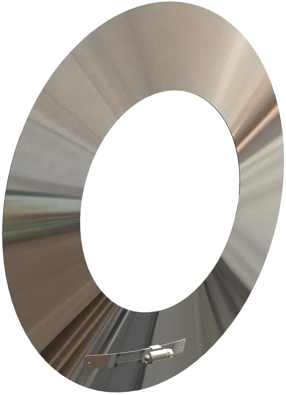 Edelstahl-Wandrosette mit rundem Ausschnitt und Befestigungselement. Produkt von ATEC. Ideal für Rohrenden oder Wandanschlüsse in sanitären Bereichen.