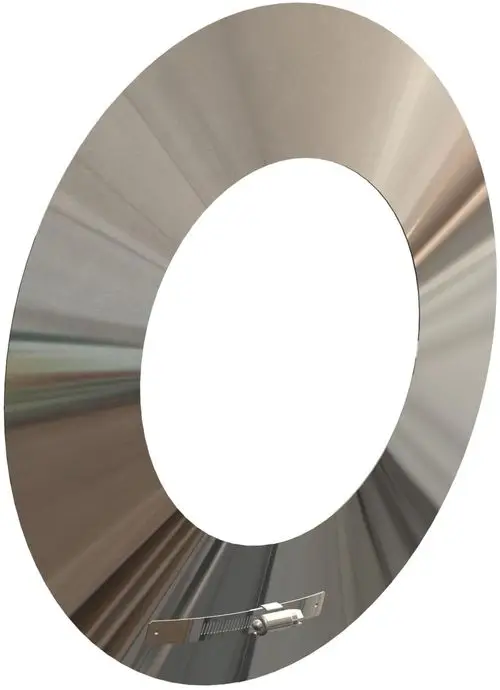 Edelstahl-Wandrosette mit rundem Ausschnitt und Befestigungselement. Produkt von ATEC. Ideal für Rohrenden oder Wandanschlüsse in sanitären Bereichen.