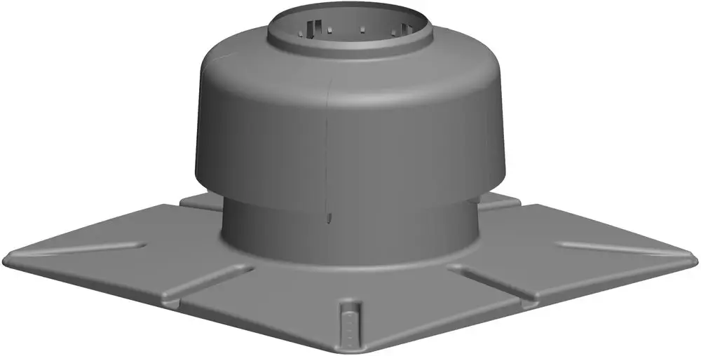 Kunststoffbauteil mit einem zylindrischen oberen Abschnitt und einer quadratischen Basis. Entwurf von ATEC, geeignet für Installationen im Bereich Abwasser.