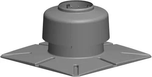 Kunststoffbauteil mit einem zylindrischen oberen Abschnitt und einer quadratischen Basis. Entwurf von ATEC, geeignet für Installationen im Bereich Abwasser.