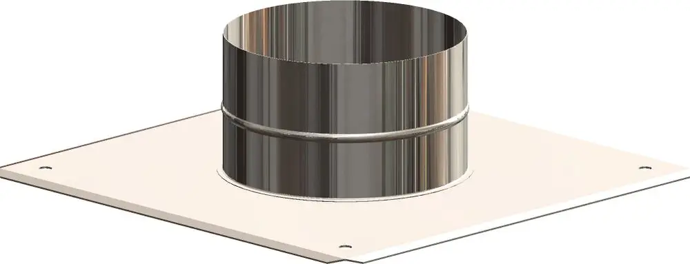 Edelstahl-Aufsatzplatte mit runder Öffnung, montiert auf quadratischer Basisplatte. Produkt von ATEC, geeignet für verschiedene Anwendungen in der Belüftungstechnik.