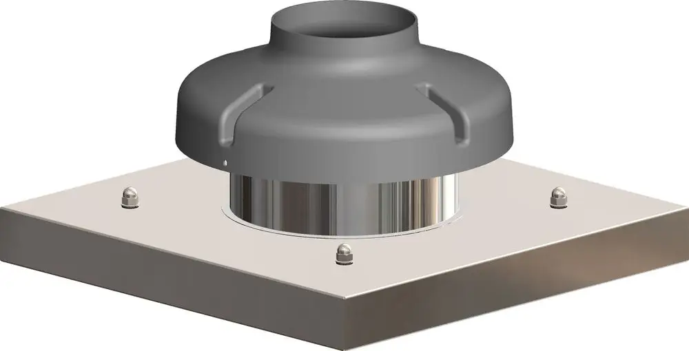 Schwarz-graue Abdeckplatte mit einem zylindrischen Aufsatz, montiert auf einer quadratischen Metallbasis. Produkt von ATEC für Schachtanwendungen.