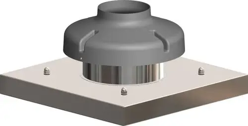 Schwarz-graue Abdeckplatte mit einem zylindrischen Aufsatz, montiert auf einer quadratischen Metallbasis. Produkt von ATEC für Schachtanwendungen.