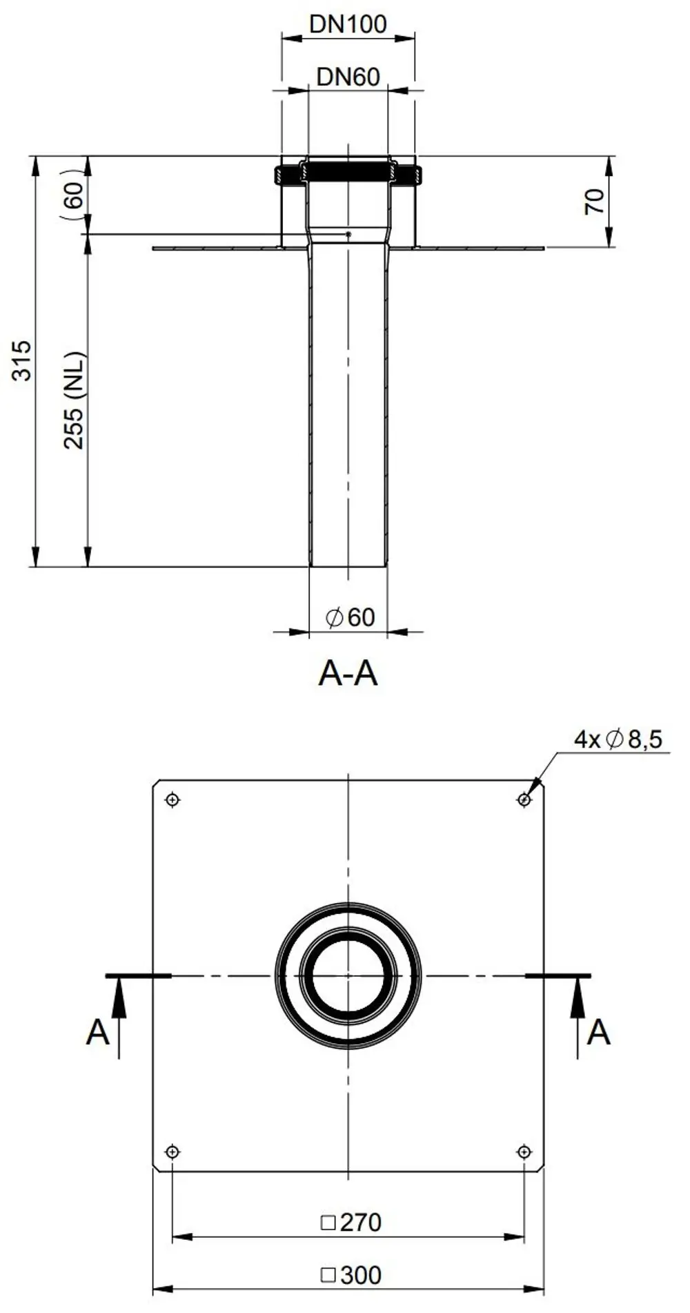 Kaminabschluss von ATEC mit Anschlussmöglichkeiten DN60 und DN100. Enthält eine Befestigungsschelle. Technische Zeichnung zeigt Abmessungen und Montagepunkte.