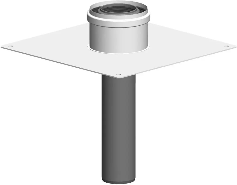 Kaminabschluss mit einer weißen Platte und einem schwarzen Rohr, ausgestattet mit einer Befestigungsschelle. Produkt von ATEC zur Verwendung in Heizsystemen.