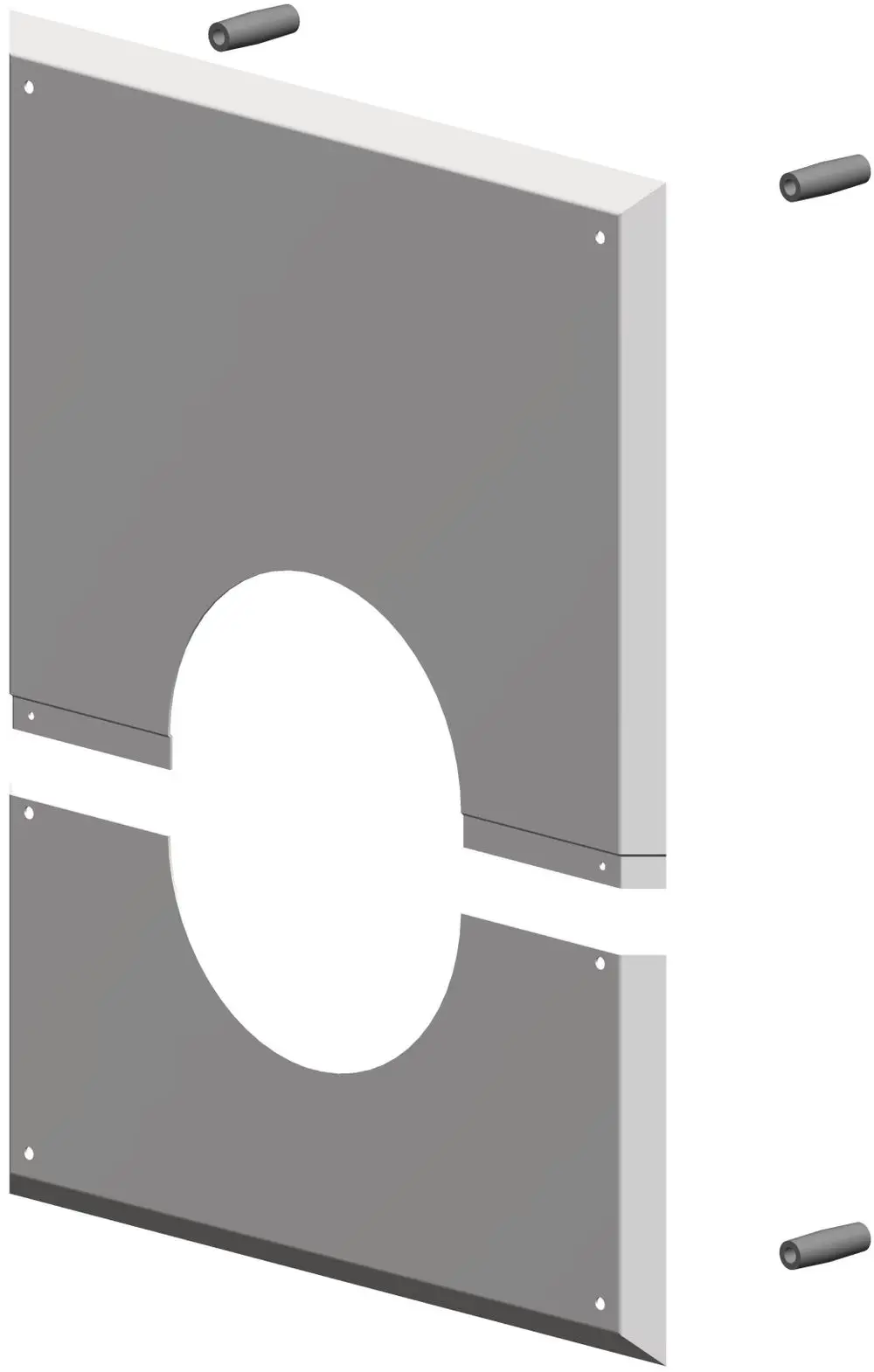 Wandblende mit Hinterlüftung, grau, zur Wandmontage, zeigt zwei Teile, die mittig mit einem runden Ausschnitt verbunden sind. ATEC-Logo und Befestigungselemente sichtbar.