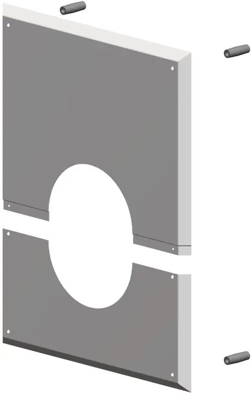 Wandblende mit Hinterlüftung, grau, zur Wandmontage, zeigt zwei Teile, die mittig mit einem runden Ausschnitt verbunden sind. ATEC-Logo und Befestigungselemente sichtbar.
