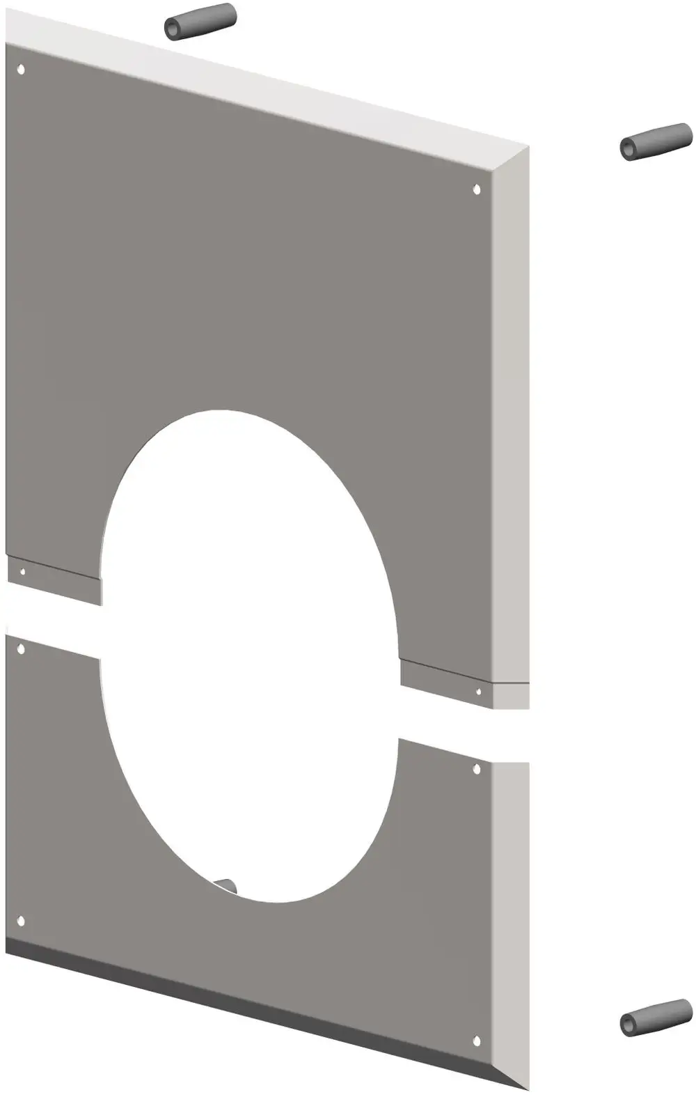 Wandblende mit Hinterlüftung, gestaltet für den raumluftabhängigen Betrieb, abgebildet im ATEC-Design. Teile sind sichtbar, darunter Abstandshalter.