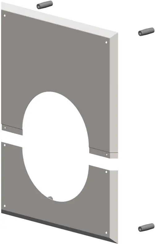Wandblende mit Hinterlüftung, gestaltet für den raumluftabhängigen Betrieb, abgebildet im ATEC-Design. Teile sind sichtbar, darunter Abstandshalter.