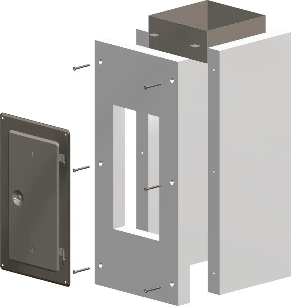 Montiertes Kontroll-Rohr-Set von ATEC, bestehend aus einem Rahmen und einer Klappe, mit Anbringungsschrauben, geeignet für den Einbau in Wände.