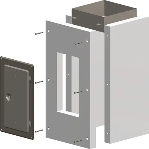 Kontroll-Rohr-Set von ATEC, bestehend aus einem Gehäuse und einer abnehmbaren Tür, mit Montagebohrungen zur Installation.