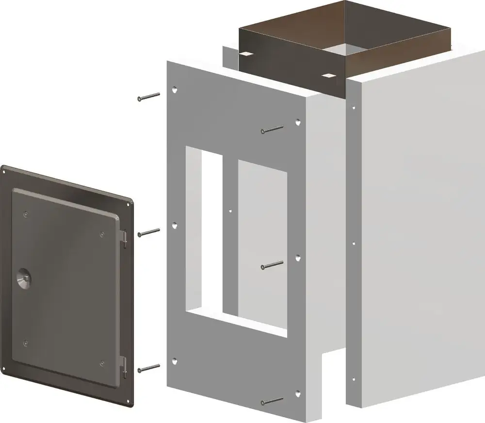 Ein Bauteilset von ATEC, bestehend aus einer verschlossenen Frontplatte mit einer Öffnung sowie einer Struktur zur Integration in ein System, dargestellt in einer Explosionsansicht.