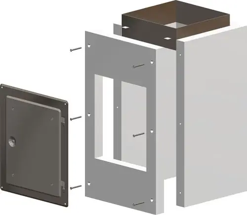 Ein Bauteilset von ATEC, bestehend aus einer verschlossenen Frontplatte mit einer Öffnung sowie einer Struktur zur Integration in ein System, dargestellt in einer Explosionsansicht.