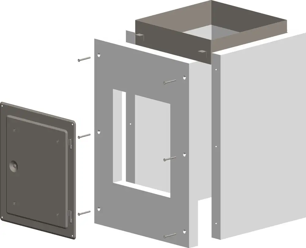 ATEC Kontroll-Rohr-Set mit zwei Wandplatten und einer Klappe. Anordnung zur Installation mit Befestigungselementen. Einheit zeigt die Struktur und die Komponenten des Sets.