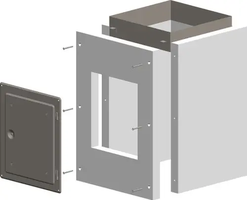 ATEC Kontroll-Rohr-Set mit zwei Wandplatten und einer Klappe. Anordnung zur Installation mit Befestigungselementen. Einheit zeigt die Struktur und die Komponenten des Sets.