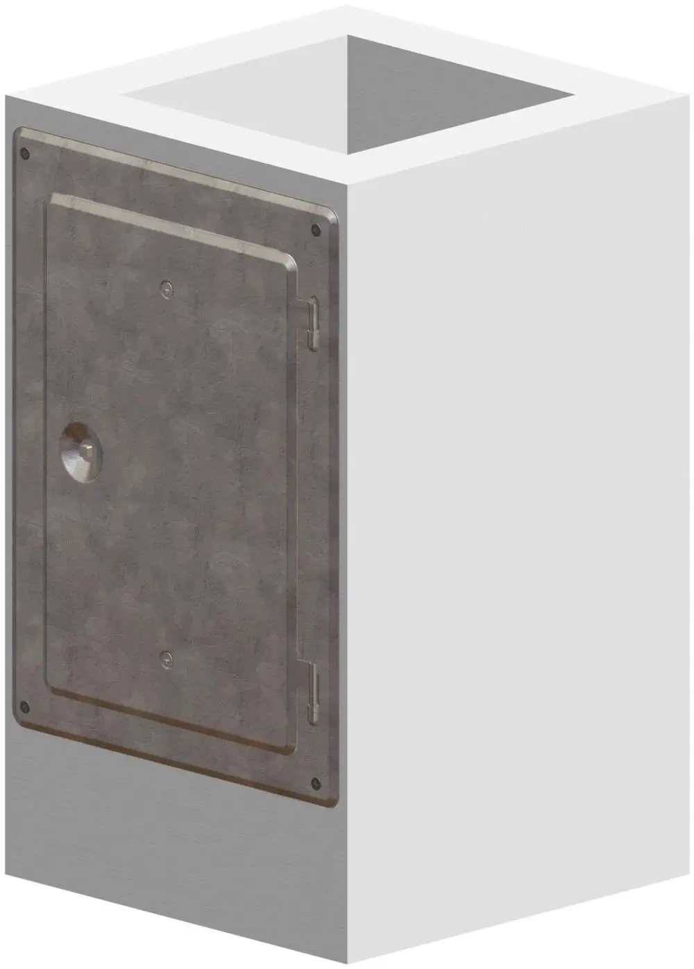 Schacht mit metallischer Kamintür und einer Öffnung auf der Oberseite. Das Element ist von ATEC und hat eine standardisierte quadratische Form.