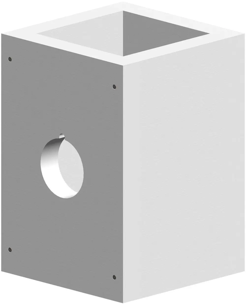 Schachtelement von ATEC mit quadratischer Form und einer runden Öffnung an der Vorderseite. Die Oberfläche ist in zwei Farbtönen, grau und weiß, gestaltet.