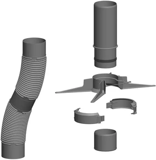 Flexibles Rohrsystem mit verschiedenen Verbindungselementen von ATEC, geeignet für unterschiedliche Installationen. Komponenten in neutraler Farbgebung.