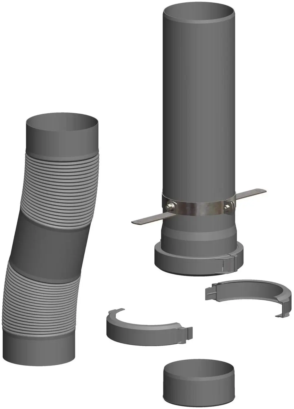 Flexibles Rohrsystem von ATEC, bestehend aus geradem und gebogenem Rohr mit Befestigungselementen. Geeignet für verschiedene Anwendungen in der Rohrleitungstechnik.