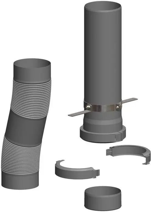 Flexibles Rohrsystem von ATEC, bestehend aus geradem und gebogenem Rohr mit Befestigungselementen. Geeignet für verschiedene Anwendungen in der Rohrleitungstechnik.