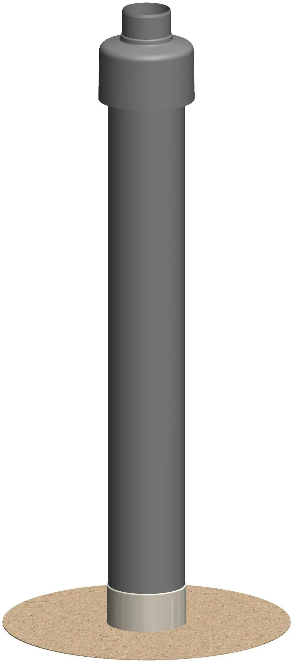 Flachdach-Abgasdurchgang von ATEC, graues Oberteil mit runder Basis und vertikalem Rohr, geeignet für den Einsatz mit Bitumen-Dachmaterialien.