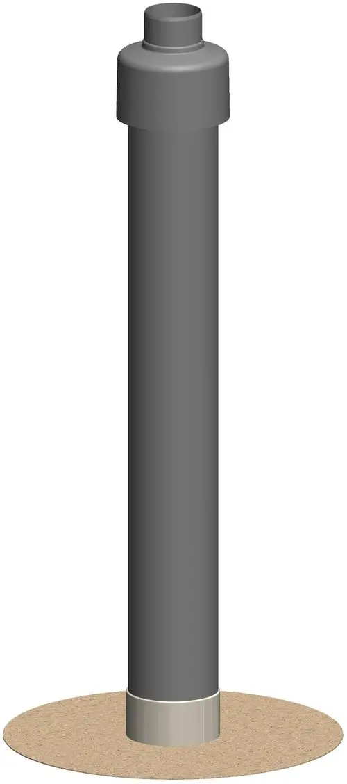 Flachdach-Abgasdurchgang von ATEC, graues Oberteil mit runder Basis und vertikalem Rohr, geeignet für den Einsatz mit Bitumen-Dachmaterialien.