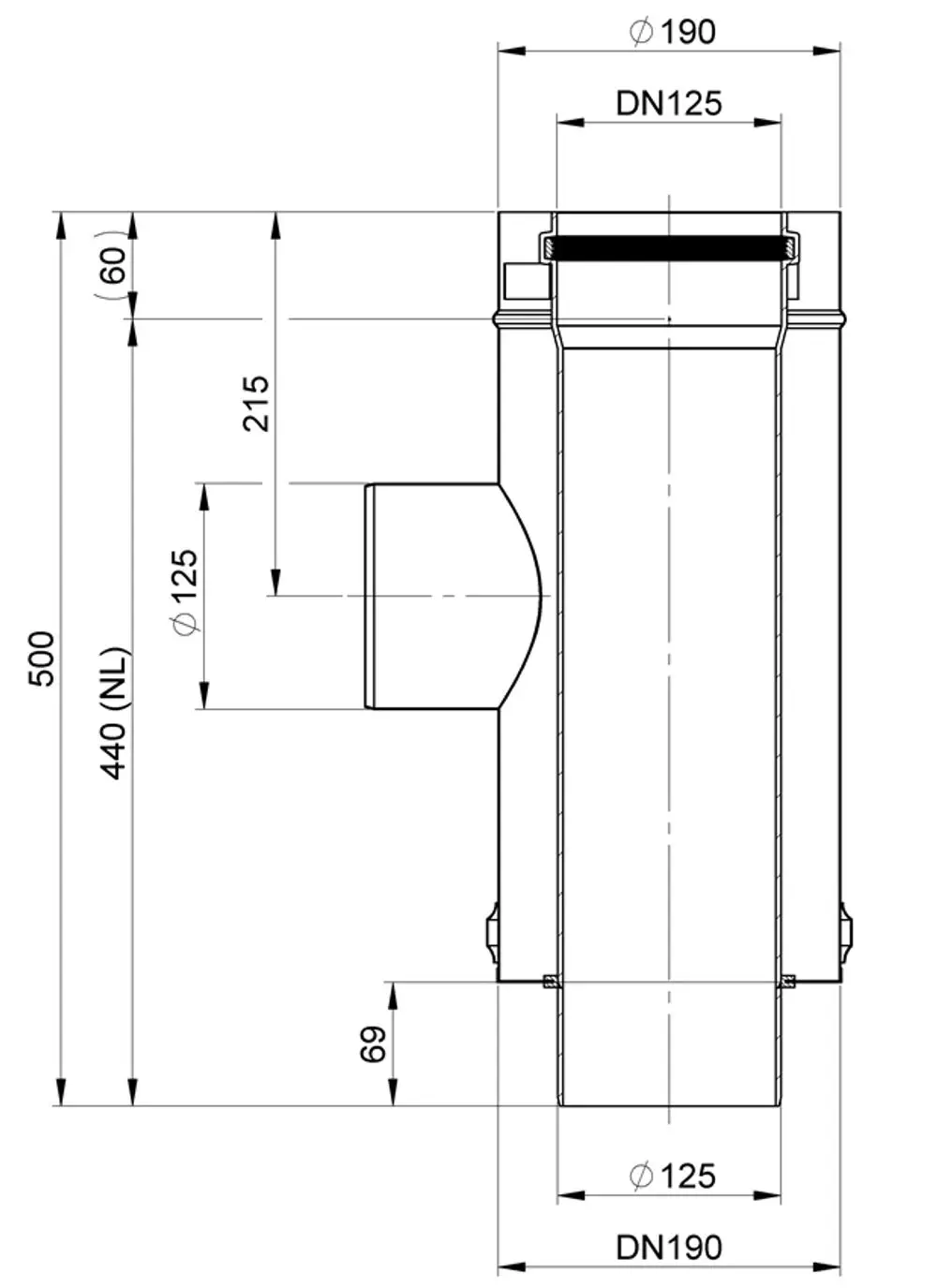Zuluftelement von ATEC mit mehreren Anschlussoptionen. Diagramm zeigt Maße und Schnittansicht, einschließlich DN125 und DN190.
