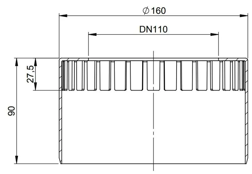 Weißes Zuluftgitter aus PP mit strukturierter Oberfläche, gezeigt von ATEC, mit Abmessungen 160 mm Durchmesser und 90 mm Höhe sowie inkl. Befestigungsschelle.