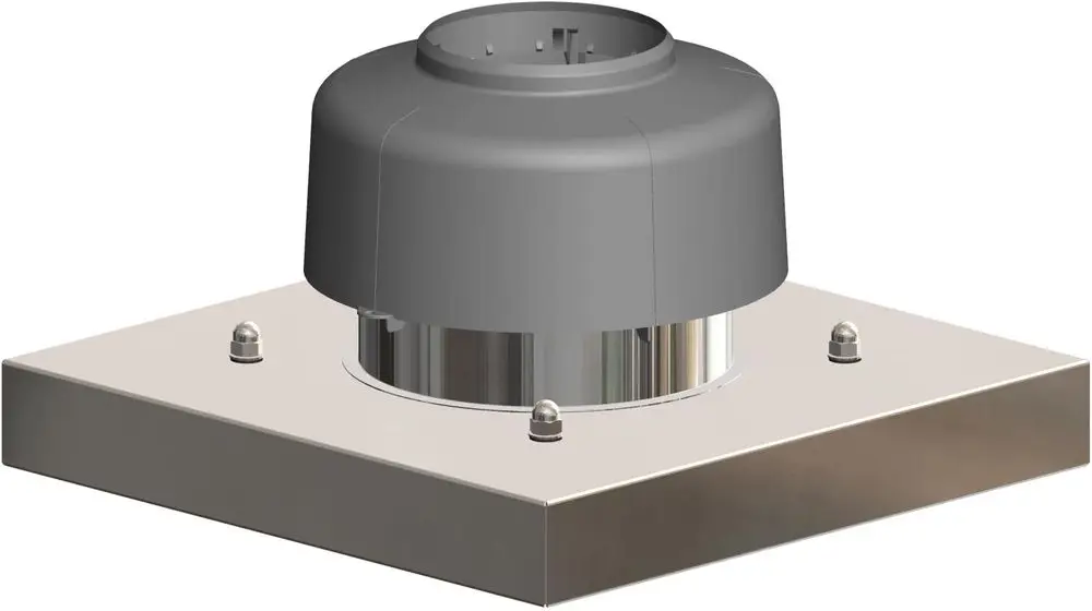 Schlichte Abdeckplatte aus Metall mit grauem oberen Teil und vier Schrauben auf der Basis. Produkt der Marke ATEC, geeignet für Kopfverkleidungen und Schächte.