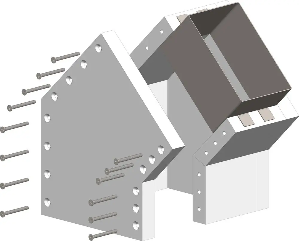 Montiertes Schachtwinkelstück aus Metall mit Steckverbinder. Enthält mehrere Schrauben zur Befestigung. Anwendungsbereich möglicherweise in der Gebäudetechnik, Marke ATEC.
