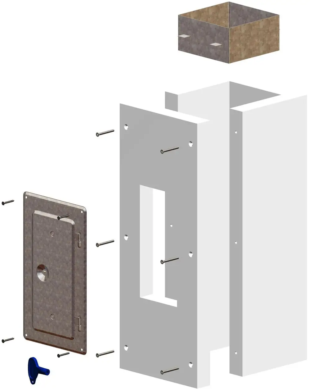 Explosionszeichnung eines Kontroll-Rohr-Sets von ATEC, bestehend aus mehreren Bauteilen, Schrauben und einem Schlüssel, dargestellt in einer schematischen Ansicht.