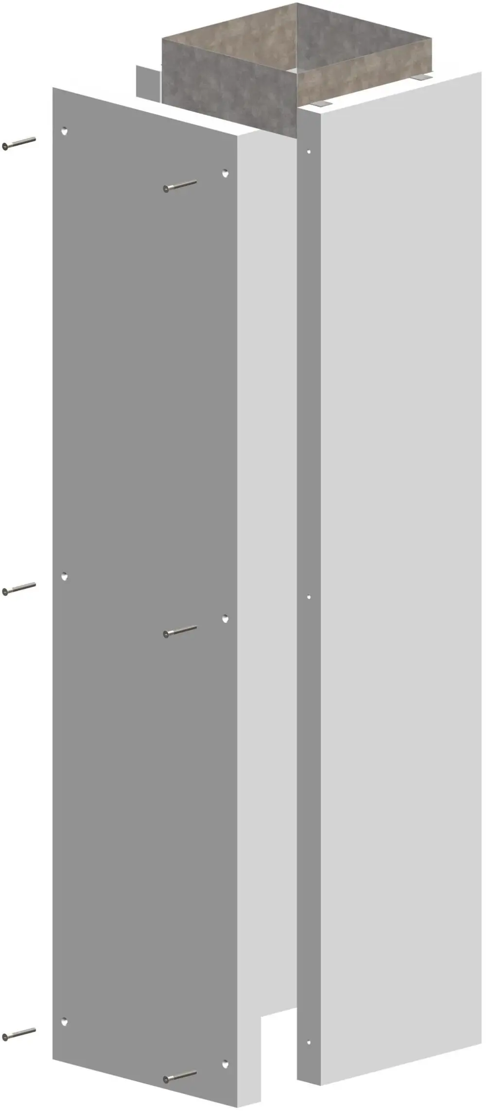 Schachtkonstruktion von ATEC mit zwei vertikalen Platten und oben offenem Bereich. Befestigungsschrauben sind an den Seiten sichtbar.