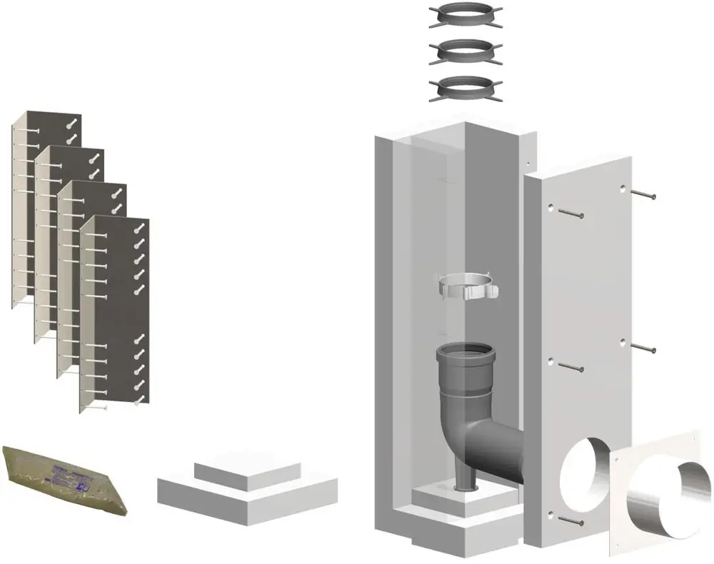 Montageanleitung für ein ATEC Produkt, bestehend aus Wandschalen, Rohr und Befestigungselementen. Deutliche Darstellung der Komponenten für die Bodenmontage.