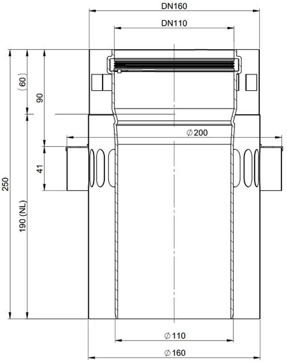Edelstahlrohr von ATEC mit Anschlüssen für DN110 und DN160. Technische Zeichnung zeigt Maße und Konstruktion des Rohrs in seitlicher Ansicht.