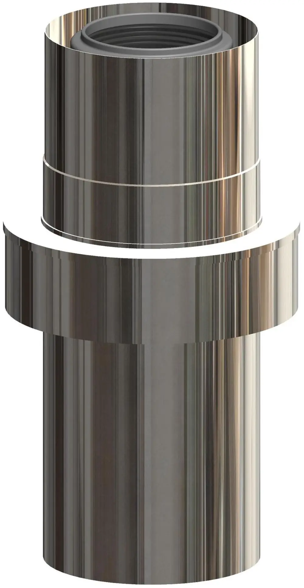 Edelstahlrohr mit zylindrischer Form, eine doppelte Ausführung zeigt einen verbauten Verbindungsteil, ideal für die Anwendung von ATEC-Lüftungssystemen.