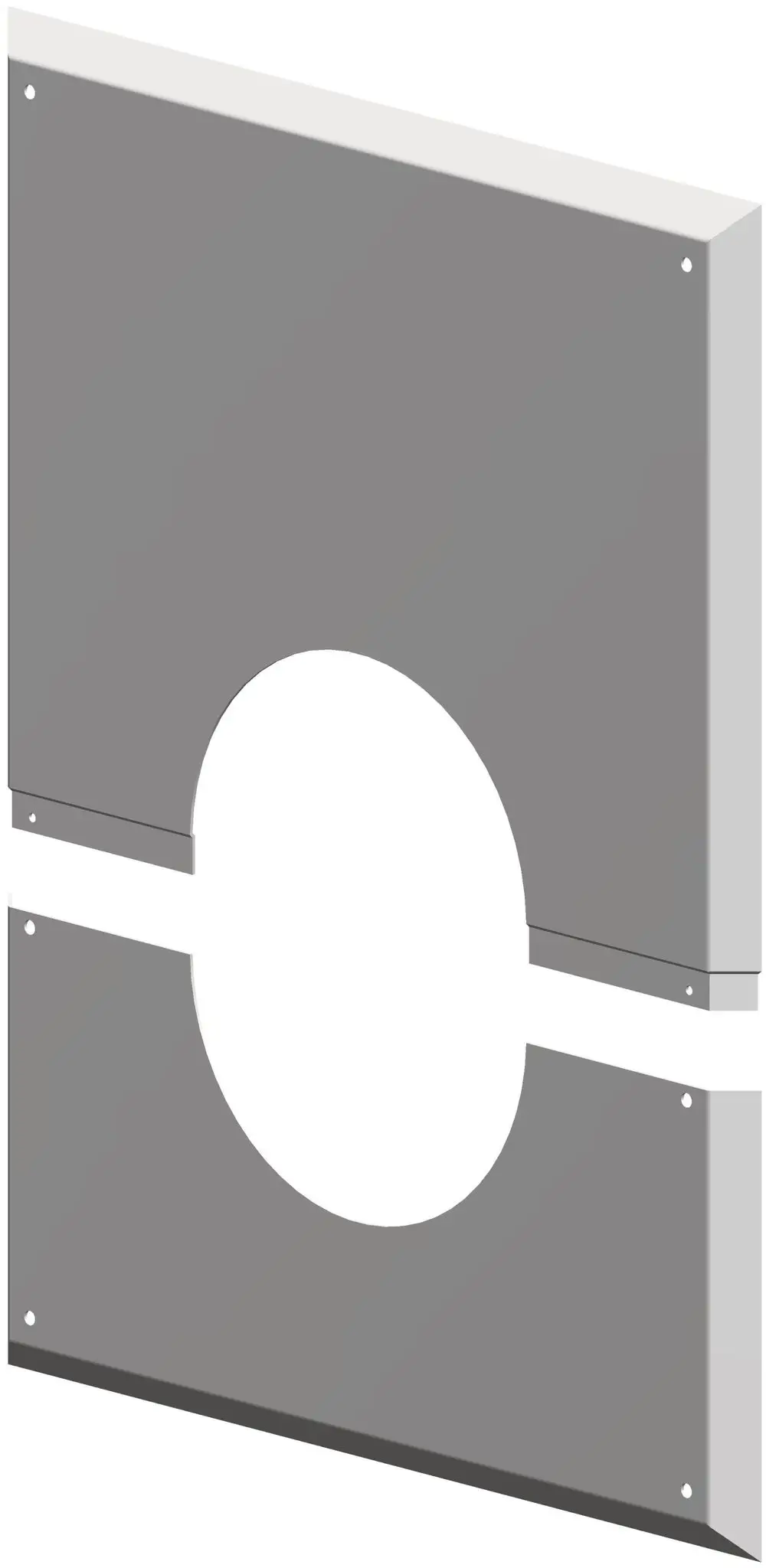 Zweiilige Wandblende von ATEC, bestehend aus grauen Segmenten mit quadratischen und runden Öffnungen, installiert an einer Wand.
