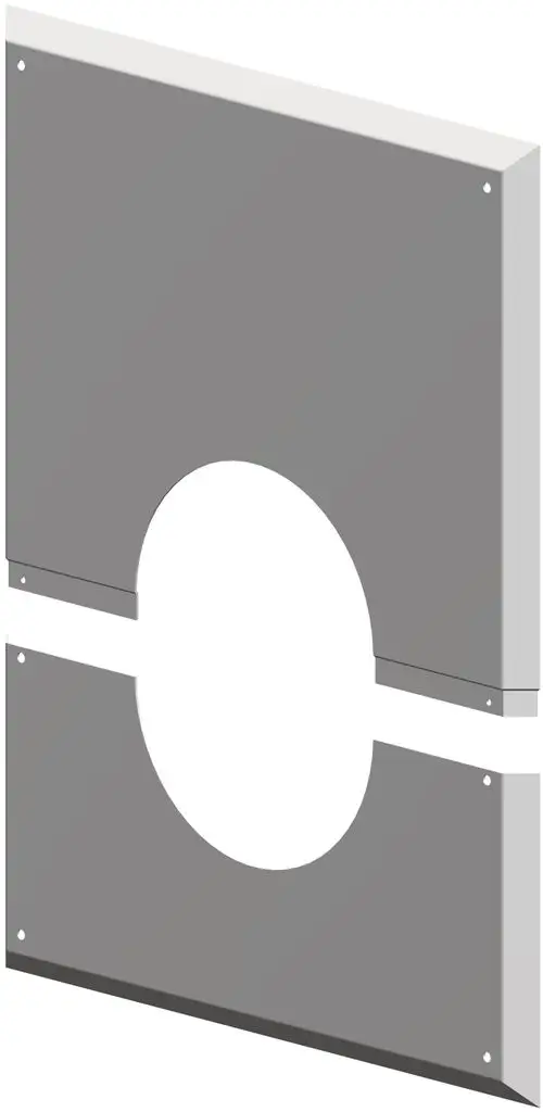 Zweiilige Wandblende von ATEC, bestehend aus grauen Segmenten mit quadratischen und runden Öffnungen, installiert an einer Wand.