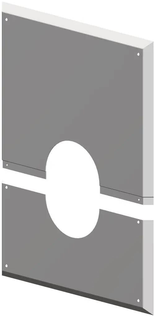 Zweiteilige Wandblende aus grauem Material mit ovalem Ausschnitt. Befestigungslöcher an den Seiten sichtbar. ATEC-Produkt für modulare Lösungen.