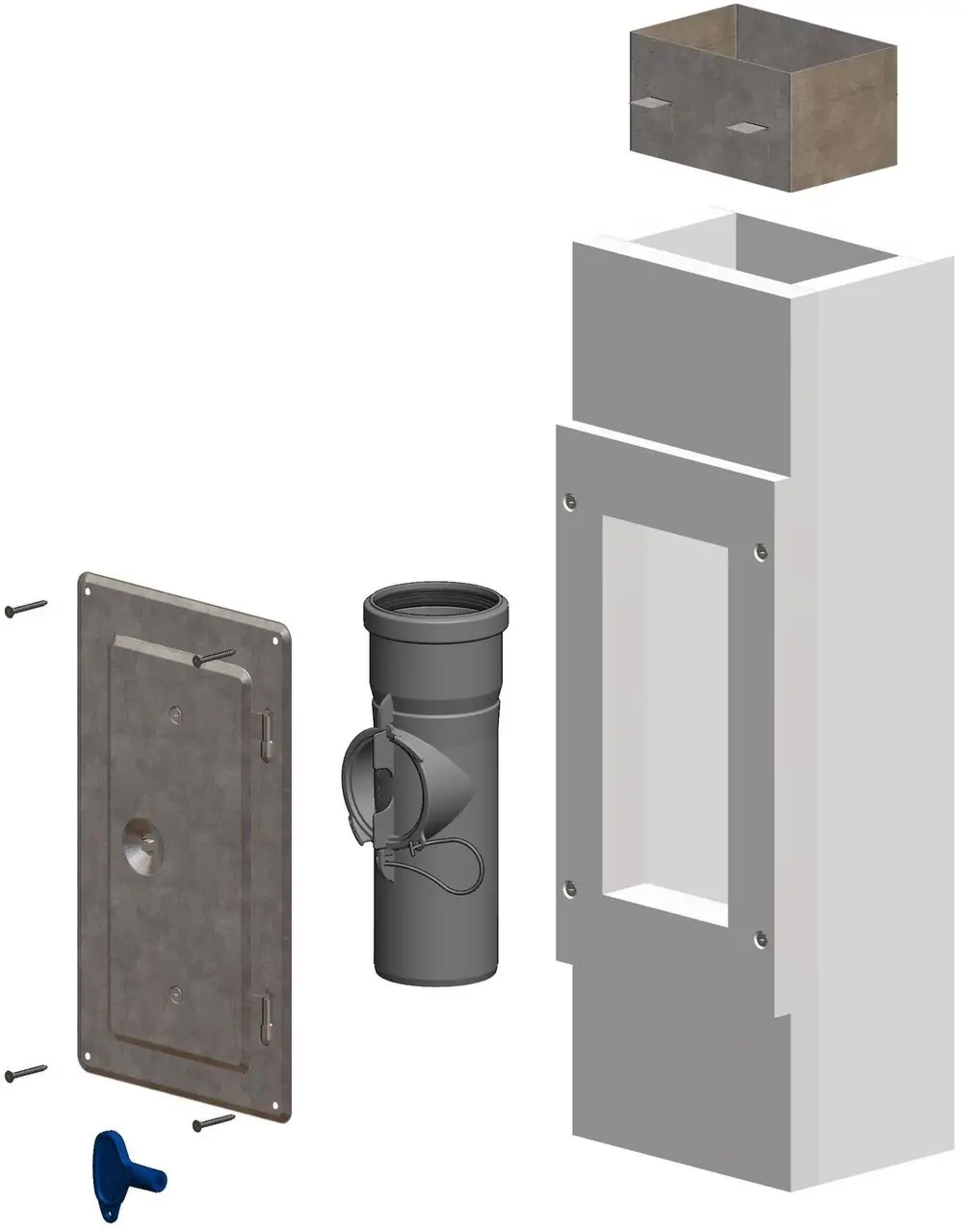 Montageillustration eines Kontroll-Rohr-Sets von ATEC. Enthält mehrere Komponenten wie Rohre, Abdeckungen und Befestigungselemente für eine technische Installation.