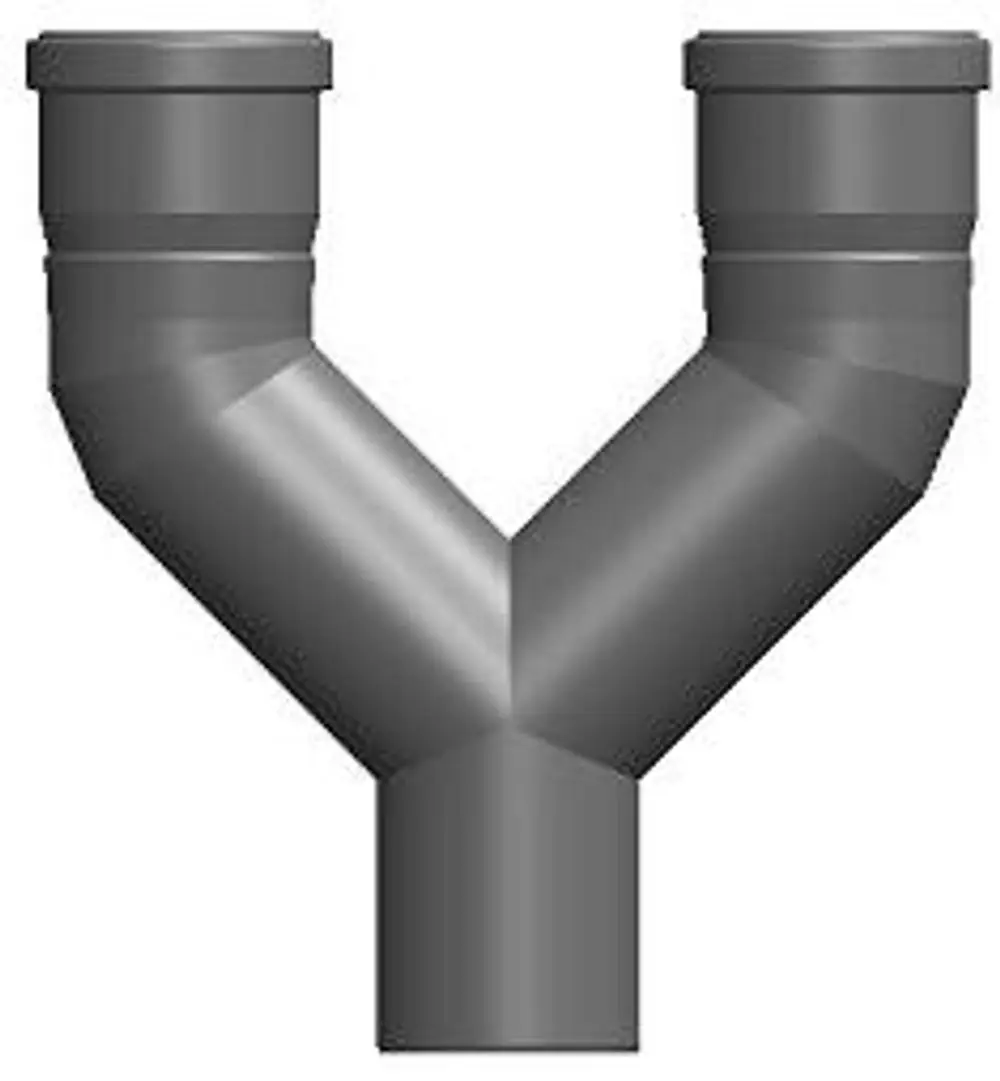Zweigelement in Y-Form für Rohrleitungen, gefertigt von ATEC. Das Produkt hat zwei Anschlüsse und einen zentralen Abgang. Ideal für die Verbindung von Rohren.
