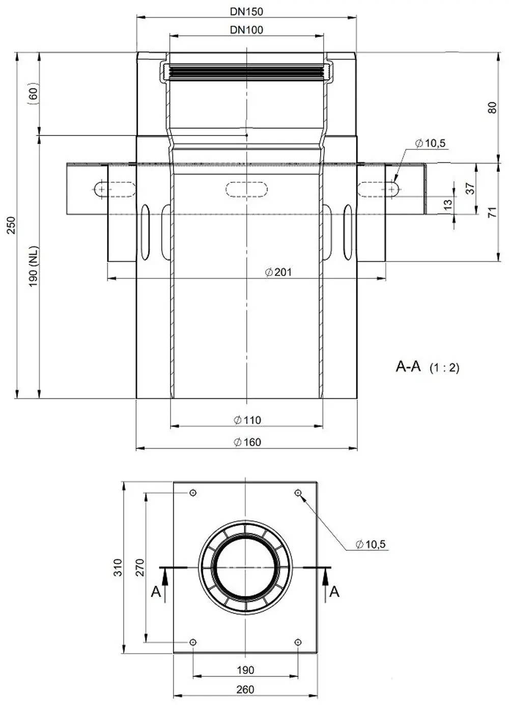 Edelstahl Zwischenkonsole von ATEC mit Zuluftöffnung, Darstellung der Maße und Konstruktion, geeignet für Anpassungen im Luftleitungssystem.
