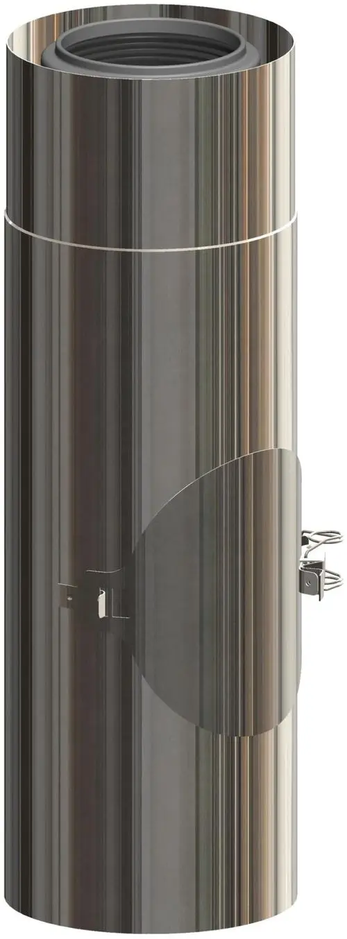 Edelstahlrohr in zylindrischer Form mit einer Öffnung und klappbarem Deckel, hergestellt von ATEC, geeignet für Anwendungen im Bereich Abluft oder Kamin.