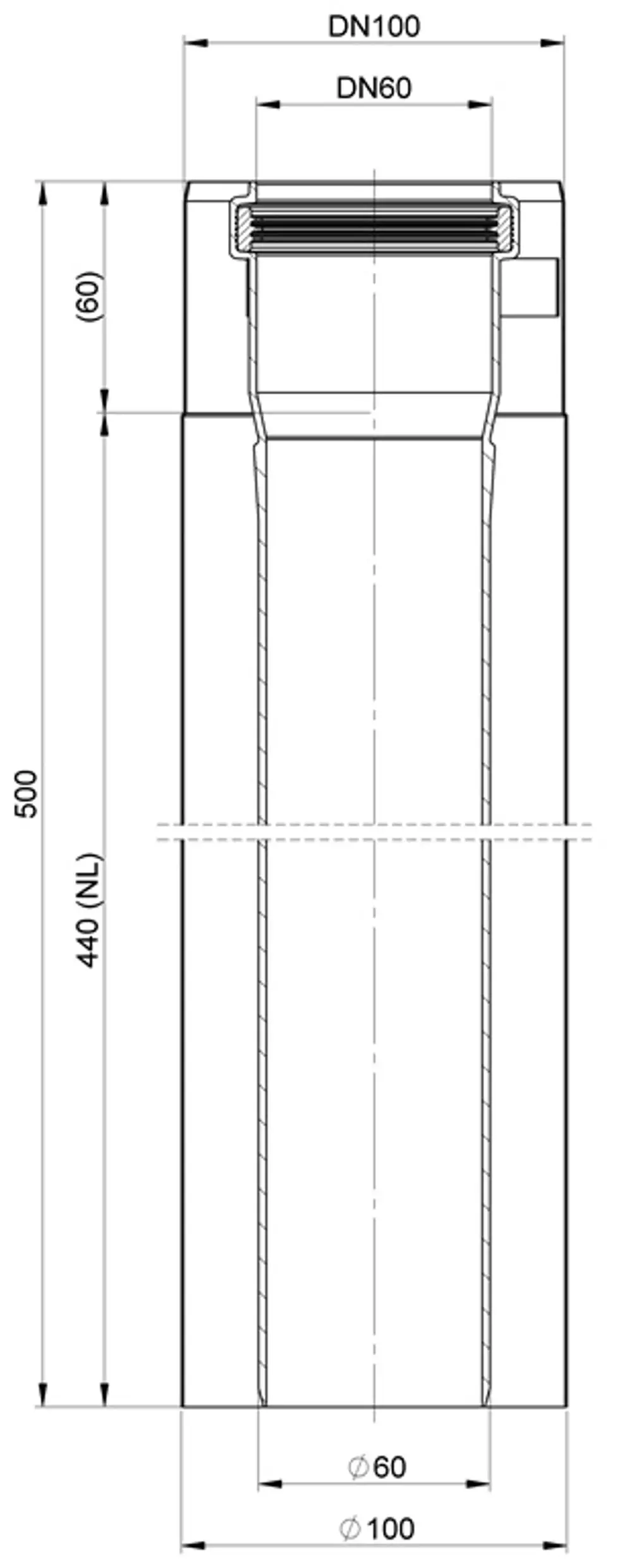 Produktzeichnung eines Edelstahlrohrs von ATEC, mit verschiedenen Durchmessern (DN60 und DN100) und einer Länge von 500 mm. Technische Details klar dargestellt.