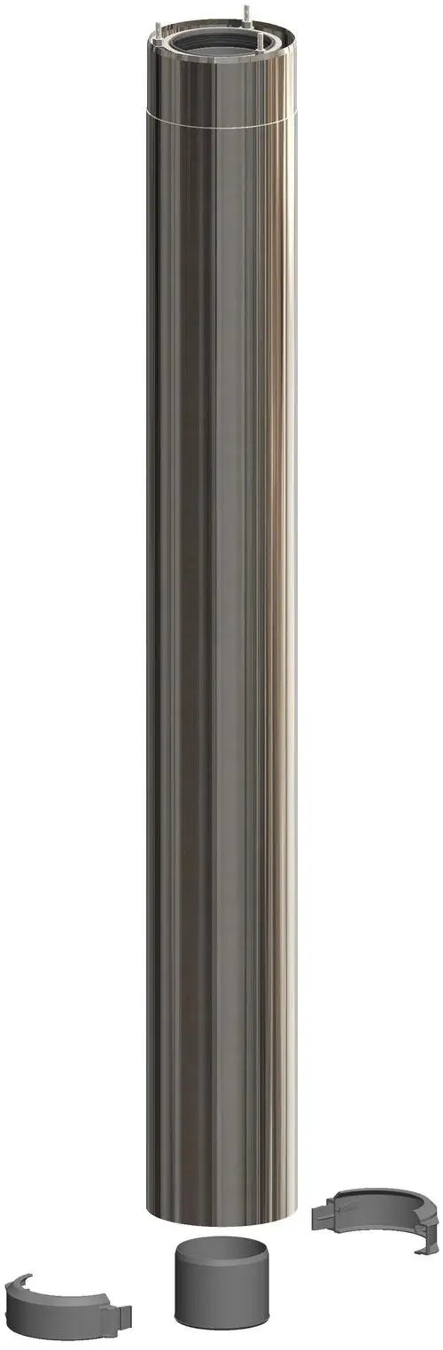 Edelstahlrohr mit zwei Befestigungsringen und einem Verbindungselement von ATEC. Das Produkt zeigt eine glänzende Oberfläche und klare Kanten.