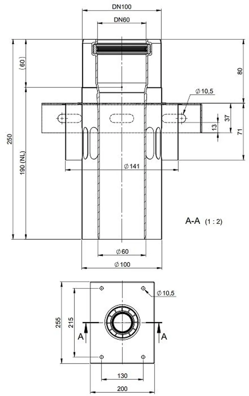 Zwischenkonsole aus Edelstahl mit Zuluftöffnung, ausgestattet mit mehreren Anschlussmöglichkeiten. Produkt von ATEC, geeignet für Installationen im Lüftungsbereich.