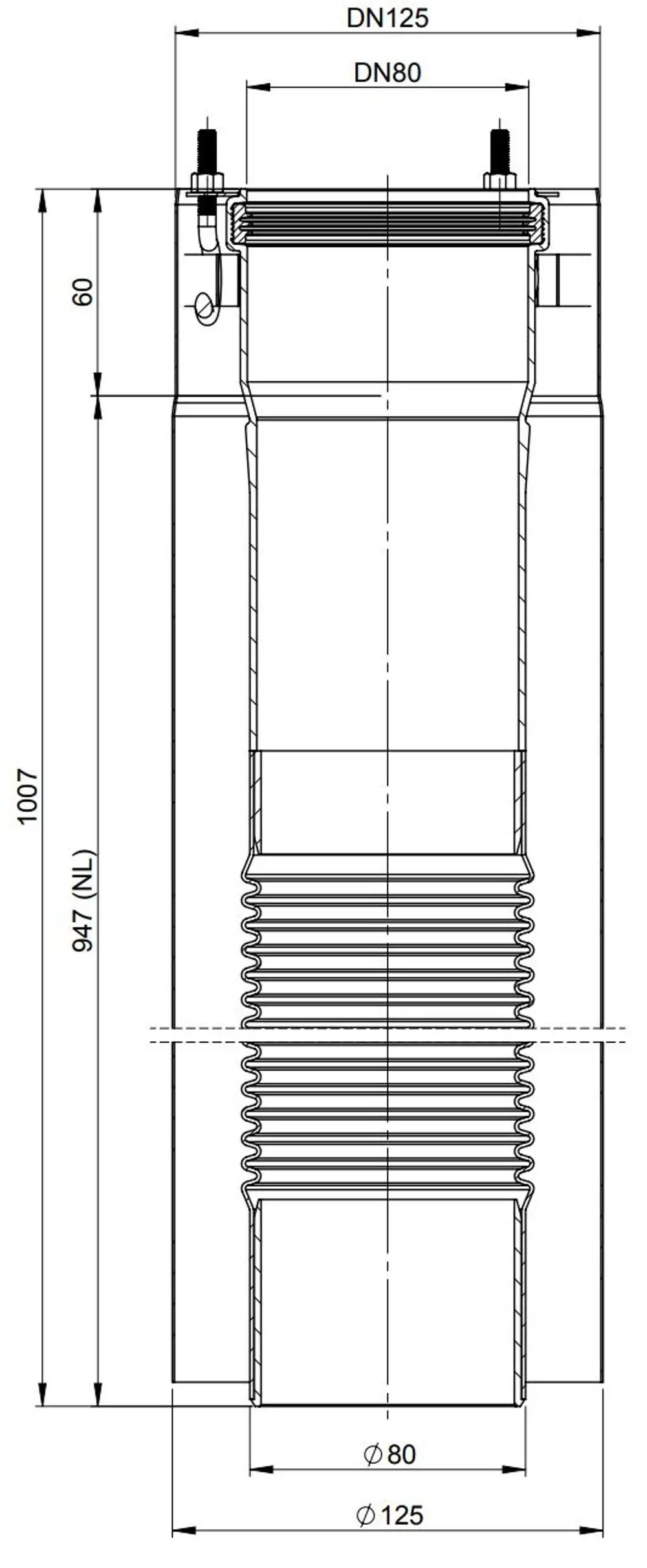 Technisches Diagramm eines Kompensatorelements mit Anschlussgrößen DN80 und DN125. Produkt von ATEC, zeigt Maße und Konstruktionselemente.