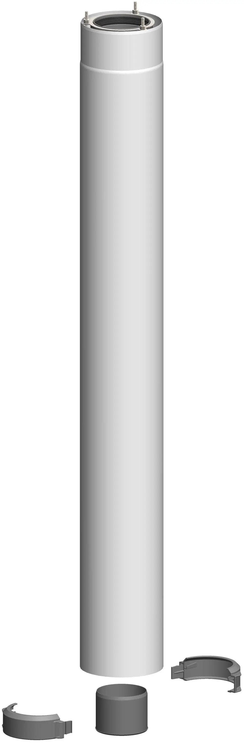 Kompensatorelement aus Edelstahl von ATEC, zylindrische Form mit zwei Befestigungsringen und einem Anschluss für Rohrsysteme, auf einem neutralen Hintergrund abgebildet.