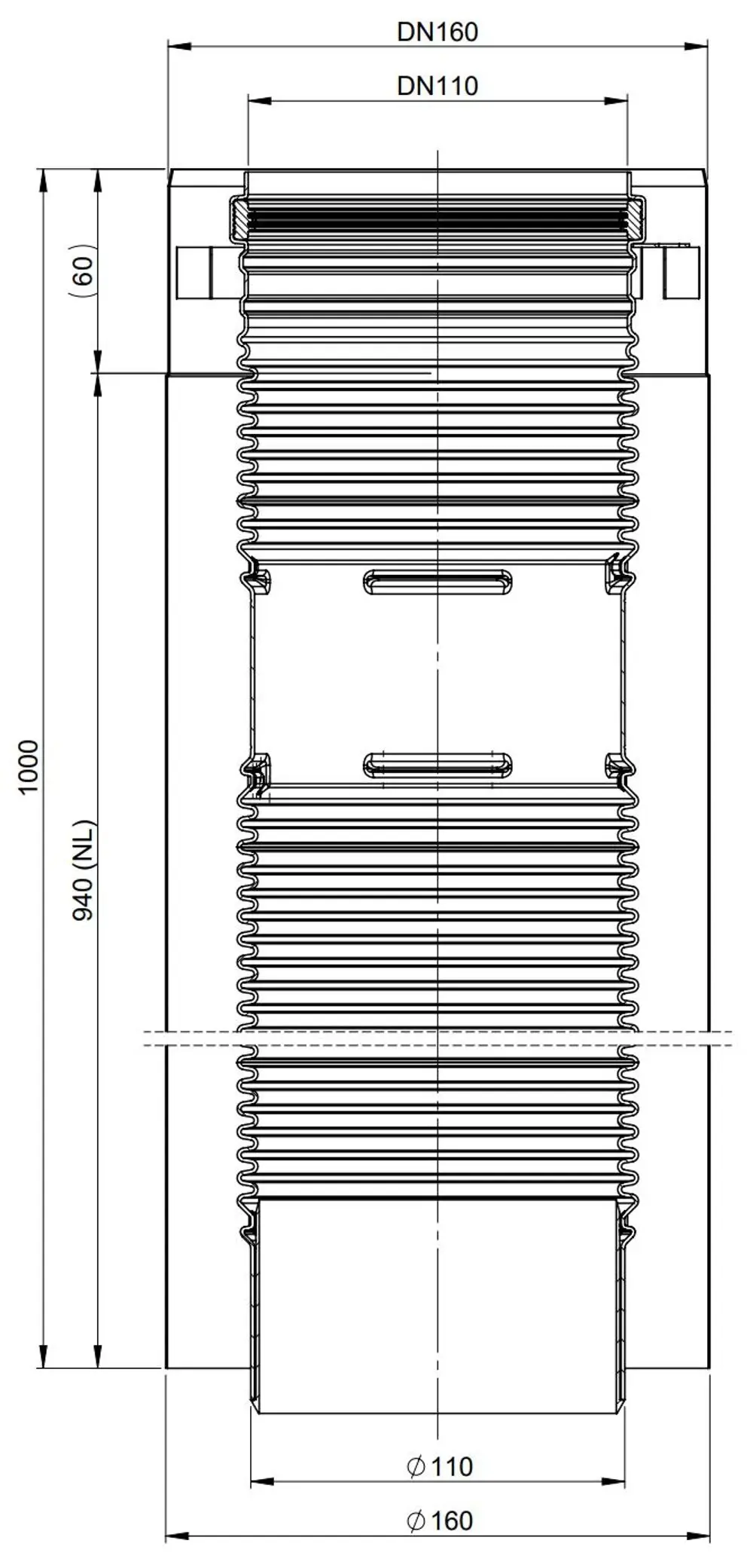 Schematik eines Kompensatorelements von ATEC, mit detaillierten Maßen und Anschlüssen, dargestellt in Draufsicht und Seitenansicht.